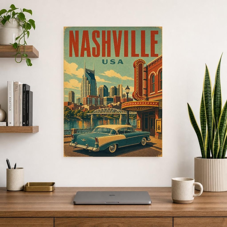 Nashville Travel Poster | Vintage 1950s Music City Print | Retro Tennessee Wall Art | Mid Century City Decor image 8