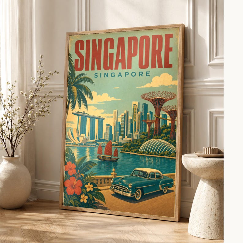 Singapore Travel Poster | Vintage Marina Bay Print | Singapore Wall Art | Printed & Shipped image 1