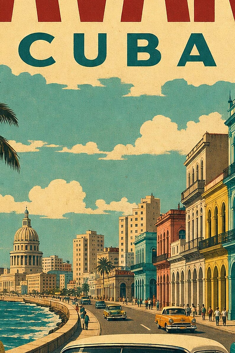 Havana Travel Poster | Vintage 1950s Malecon Print | Retro Cuba Wall Art Print | Mid Century City Decor image 3