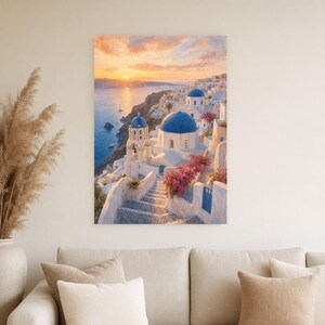 Póster de viaje de Santorini | Pintura suave para pared sobre Grecia | Lámina costera de las cúpulas azules de Oia | Impreso y enviado imagen 4