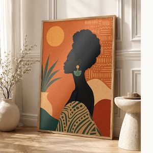 Afrohemian Wall Art Print | African Bohemian Woman Silhouette Poster | Earth Tones Boho Decor | Terracotta Ocher Modern Tribal Art image 1
