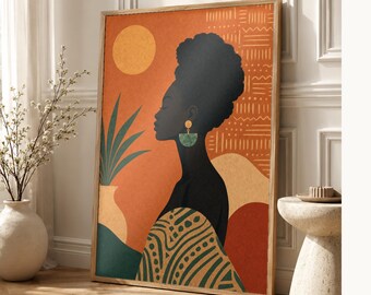 Afrohemian Wall Art Print | African Bohemian Woman Silhouette Poster | Earth Tones Boho Decor | Terracotta Ocher Modern Tribal Art