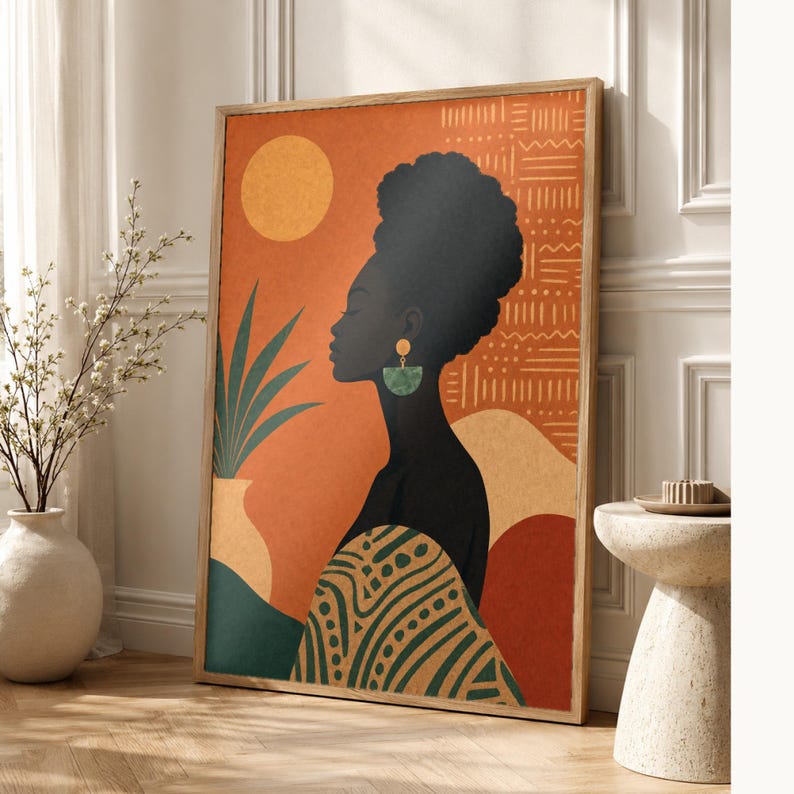 Afrohemian Wall Art Print | African Bohemian Woman Silhouette Poster | Earth Tones Boho Decor | Terracotta Ocher Modern Tribal Art image 1