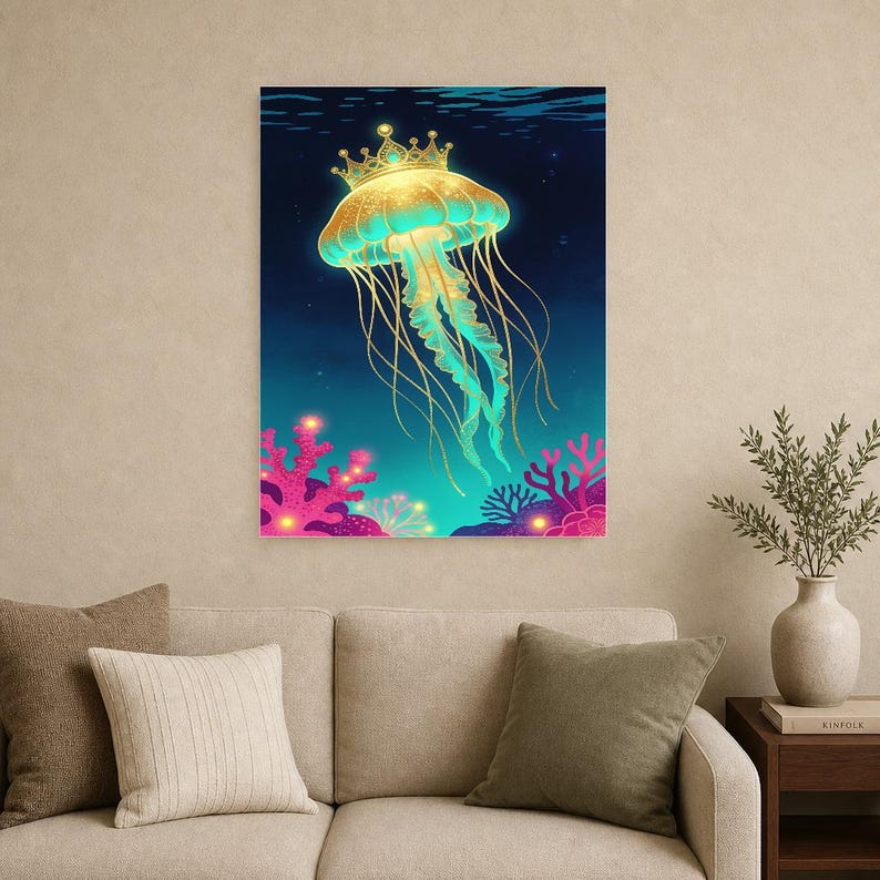 Bioluminescent Jellyfish Poster | Deep Sea Ocean Bathroom Wall Art Print | Dark Coastal Night Print image 15