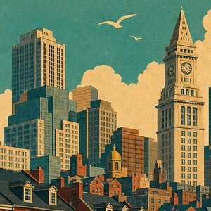 Boston Travel Poster | Vintage 1950s Skyline Harbor Print | Retro Massachusetts Wall Art Print | Mid Century City Decor image 3
