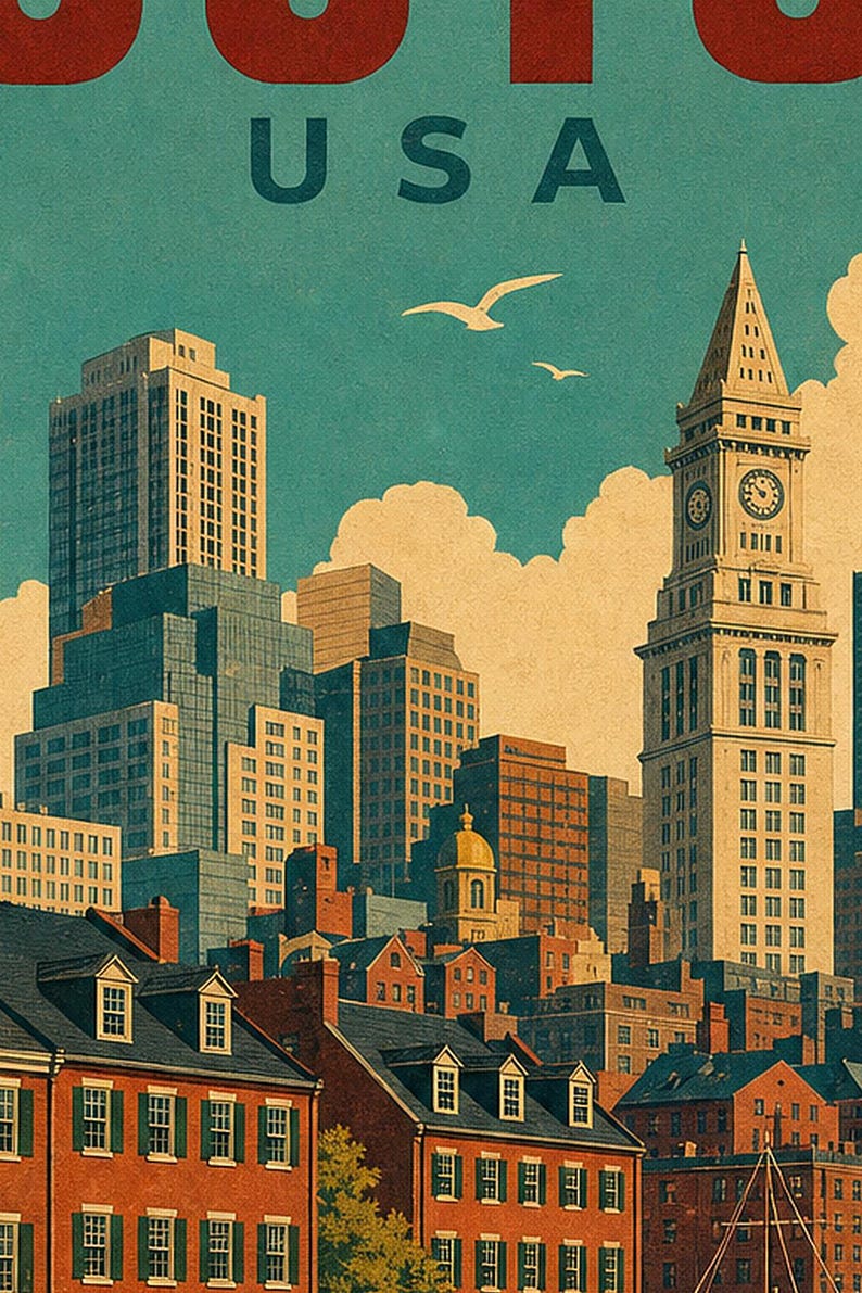 Boston Travel Poster | Vintage 1950s Skyline Harbor Print | Retro Massachusetts Wall Art Print | Mid Century City Decor image 3