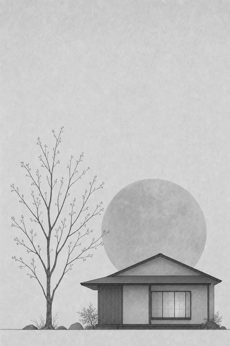 Sage Green Japandi Wall Art Print | Serenity House and Moon | Wabi Sabi Minimal Bedroom Poster image 10
