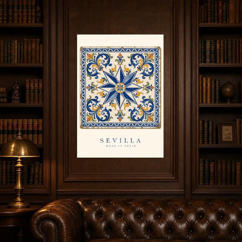 Seville Azulejo Tile Wall Art | Full Color Spanish Maiolica Poster | 8-Pointed Star Print | Andalusia Travel Decor | Spain Kitchen Gift image 5
