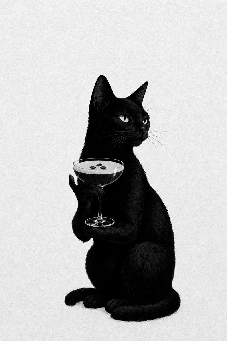 Black Cat Martini Wall Art Print | Espresso Martini Poster | Bar Cart Print | Quirky Black Cat Club Kitchen Decor image 10