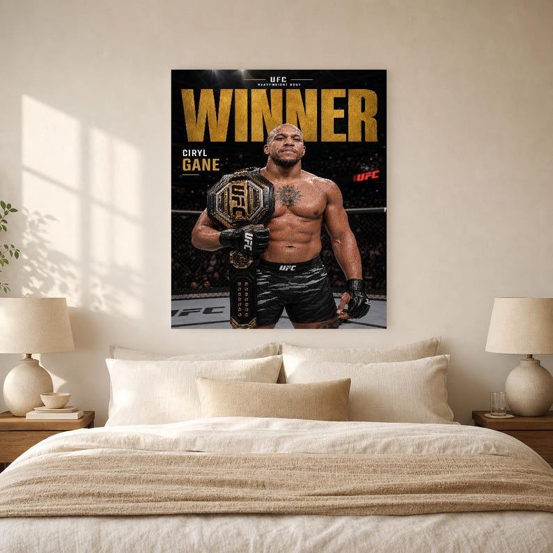 Campeão de Ciryl Gane Pôster | Impressão de arte de parede MMA com cinto de ouro do UFC | Decoração de noite de luta de peso pesado imagem 6