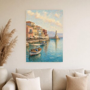 Crete Travel Poster | Soft Painting Greece Wall Art | Chania Old Harbour Coastal Print | Printed & Shipped image 5