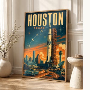Houston Travel Poster | Vintage Space City Rocket Print | Texas Wall Art Print | Mid Century City Decor image 1
