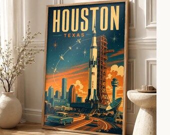 Houston Travel Poster | Vintage Space City Rocket Print | Texas Wall Art Print | Mid Century City Decor
