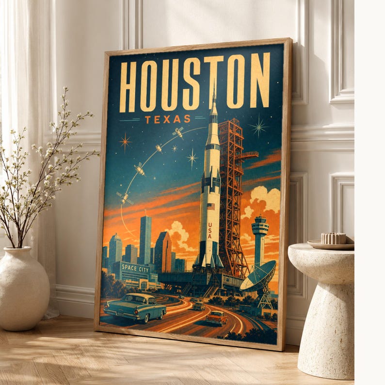 Houston Travel Poster | Vintage Space City Rocket Print | Texas Wall Art Print | Mid Century City Decor image 1