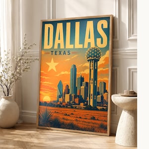Dallas Travel Poster | Vintage Reunion Tower Skyline Print | Texas Wall Art Print | Mid Century City Decor image 1