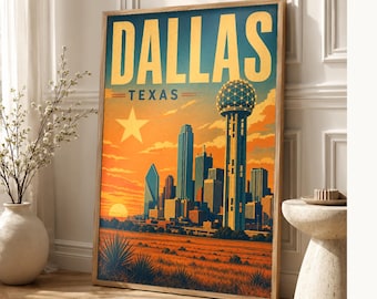 Dallas Travel Poster | Vintage Reunion Tower Skyline Print | Texas Wall Art Print | Mid Century City Decor
