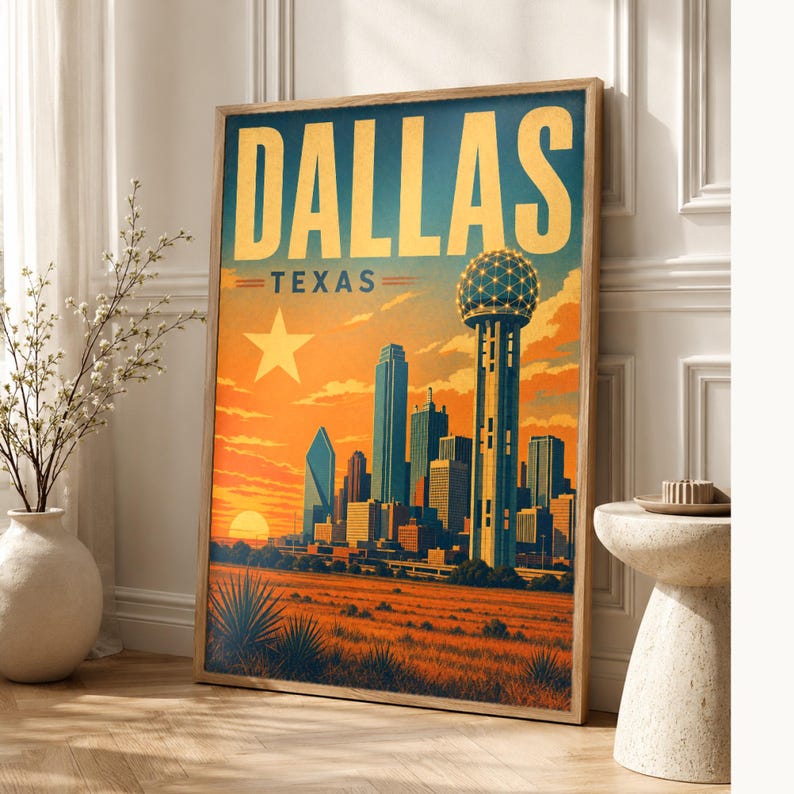 Dallas Travel Poster | Vintage Reunion Tower Skyline Print | Texas Wall Art Print | Mid Century City Decor image 1