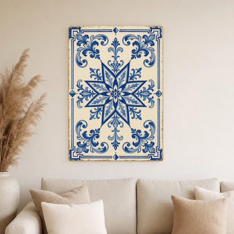Azulejo Tile Wall Art | Classic Blue & White Maiolica Poster | Portuguese Ceramic Print | Mediterranean Kitchen Decor | No Text Boho Art image 4