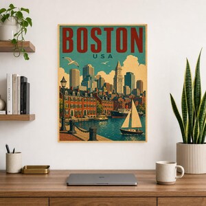 Boston Travel Poster | Vintage 1950s Skyline Harbor Print | Retro Massachusetts Wall Art Print | Mid Century City Decor image 8