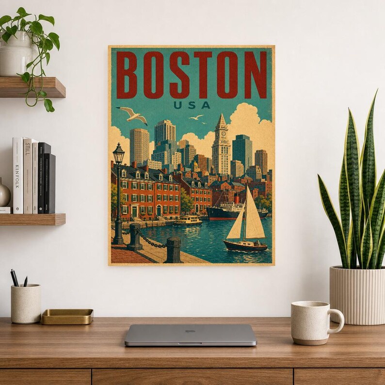 Boston Travel Poster | Vintage 1950s Skyline Harbor Print | Retro Massachusetts Wall Art Print | Mid Century City Decor image 8