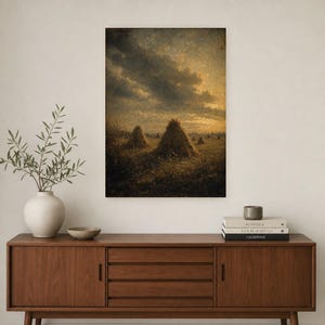 Moody Harvest Field Haystacks Wall Art Print | Vintage Oil Painting Print | Faded Golden Light Tonalist Decor | Antique Farm Poster image 2