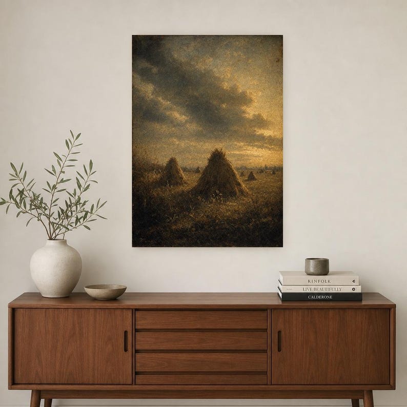 Moody Harvest Field Haystacks Wall Art Print | Vintage Oil Painting Print | Faded Golden Light Tonalist Decor | Antique Farm Poster image 2