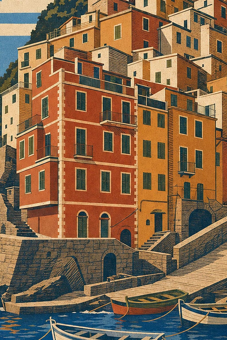 Cinque Terre Travel Poster | Riomaggiore Vintage Wall Art Print | Italian Coast Print | Italian Riviera Decor | Colorful Village Art image 3