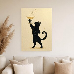Arte de pared de champán de gato negro | Póster Coupé dorado | Impresión del carrito de la barra | Decoración de celebración del Chic Noir C imagen 4
