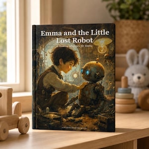 Peut inclure: Un livre relié intitulé Emma and the Little Lost Robot: A clanking adventure for Emma, illustré par un enfant interagissant avec un petit robot rouillé aux yeux bleus dans un atelier aux détails mécaniques et à l'éclairage chaleureux.