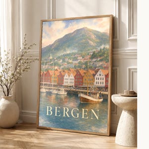 Bergen Travel Poster | Soft Painting Norway Wall Art | Named City Print | Printed & Shipped image 1