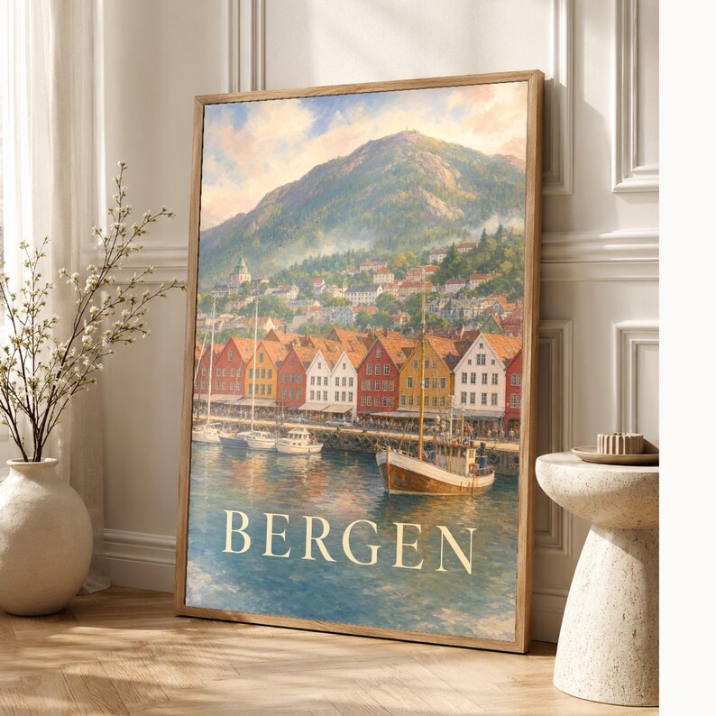 Bergen Travel Poster | Soft Painting Norway Wall Art | Named City Print | Printed & Shipped image 1