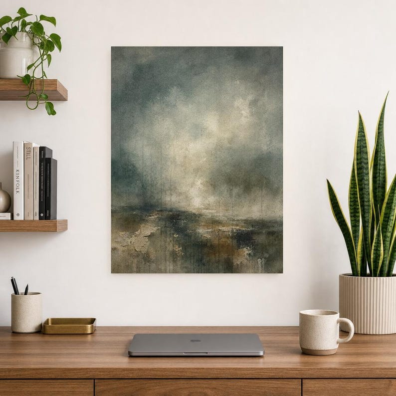 Dark Green Abstract Wall Art Print | Large Statement Color Field Print | Forest Impasto Textured Poster | Moody Wabi-Sabi Office Decor image 8