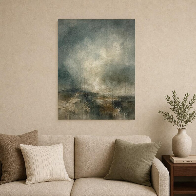 Dark Green Abstract Wall Art Print | Large Statement Color Field Print | Forest Impasto Textured Poster | Moody Wabi-Sabi Office Decor image 9