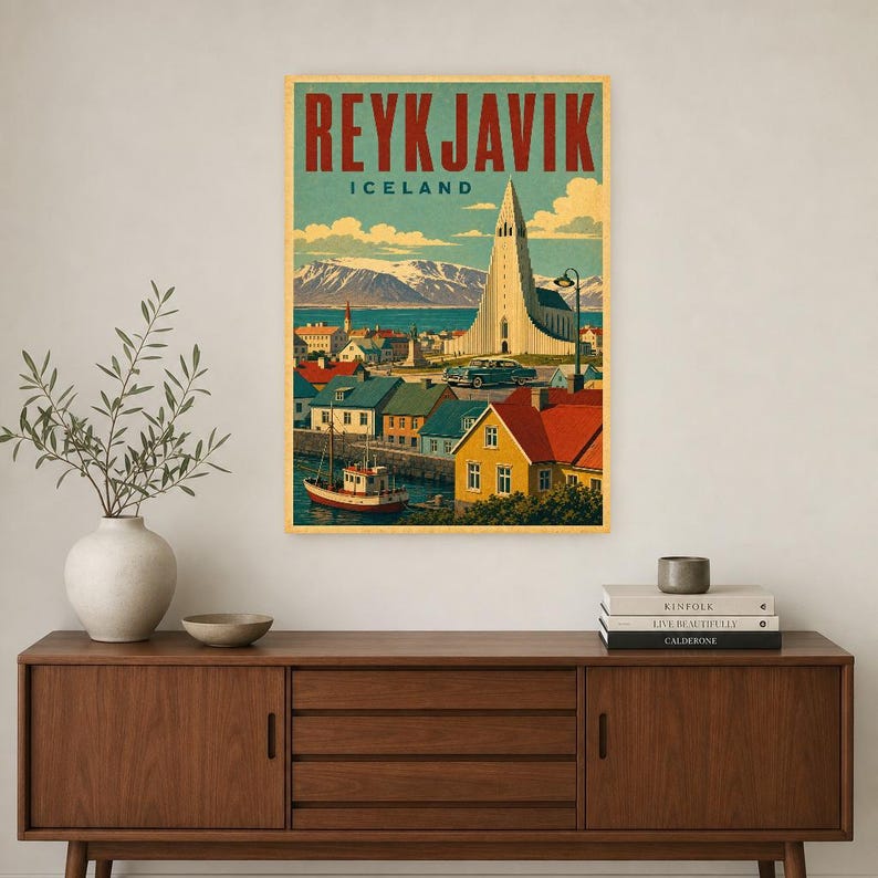Plakat z podróży do Reykjaviku | Druk w stylu vintage z kościołem | Sztuka ścienna Islandii | Wydruk i wysyłka zdjęcie 2
