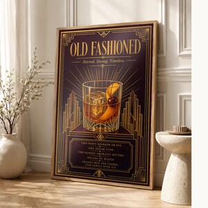 Gold Art Deco Old Fashioned Recipe Wall Art Print | Amber Cocktail Recipe Poster | Bar Cart Decor Print | Kitchen Wall Art image 1
