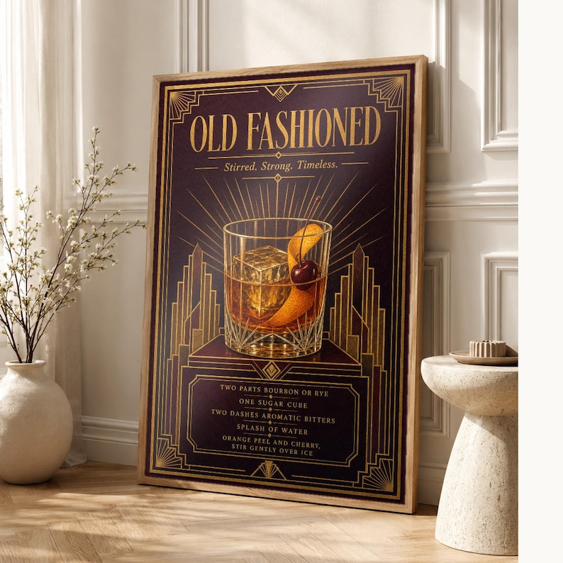 Gold Art Deco Old Fashioned Recipe Wall Art Print | Amber Cocktail Recipe Poster | Bar Cart Decor Print | Kitchen Wall Art image 1