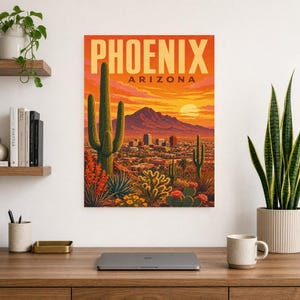 Póster de viaje de Phoenix | Lámina vintage de una puesta de sol en el desierto de Sonora | Lámina decorativa de Arizona | Decoración urbana de mediados de siglo imagen 6