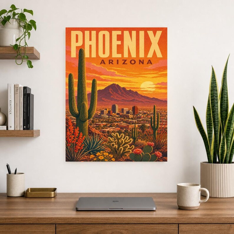 Póster de viaje de Phoenix | Lámina vintage de una puesta de sol en el desierto de Sonora | Lámina decorativa de Arizona | Decoración urbana de mediados de siglo imagen 6