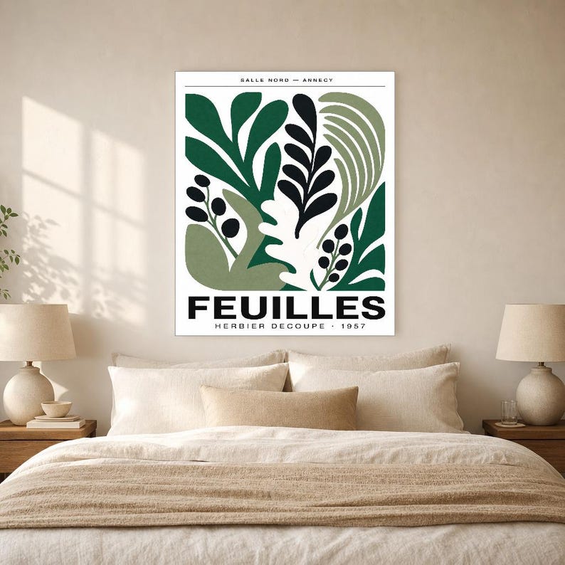 Botanical Cut Paper Exhibition Poster | Forest Green Leaf Wall Art Print | Mid Century Gallery Print | Abstract Matisse Style Poster Decor image 6