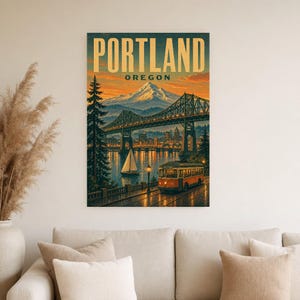 Portland Travel Poster | Vintage Mt Hood Bridge Print | Oregon Wall Art Print | Mid Century City Decor image 3