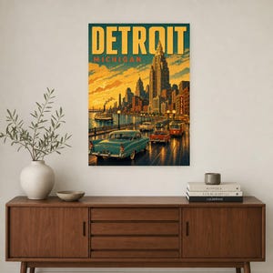 Detroit Travel Poster | Vintage 1950s Motor City Print | Michigan Wall Art Print | Mid Century City Decor image 2