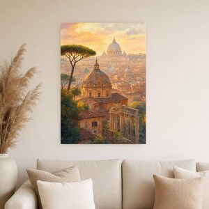 Rome Travel Poster | Soft Painting Italy Wall Art | Roman Rooftops Golden Hour Print | Printed & Shipped image 4