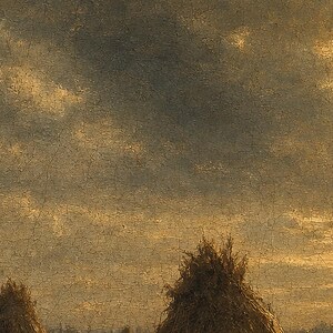 Moody Harvest Field Haystacks Wall Art Print | Vintage Oil Painting Print | Faded Golden Light Tonalist Decor | Antique Farm Poster image 3