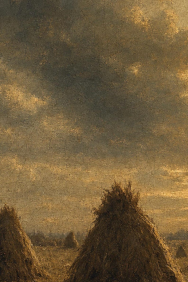 Moody Harvest Field Haystacks Wall Art Print | Vintage Oil Painting Print | Faded Golden Light Tonalist Decor | Antique Farm Poster image 3