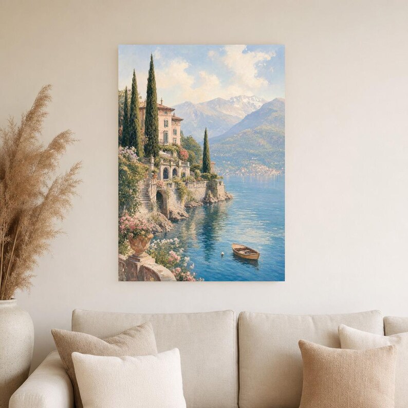 Lake Como Travel Poster | Soft Painting Italy Wall Art | Italian Lake Villa Print | Printed & Shipped image 4