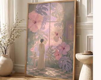 Surreal Botanical Wall Art Print | Dreamscape Flower Window Poster | Soft Surrealism Art | Pink Lavender Sage Wall Decor