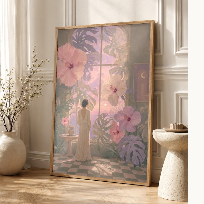 Surreal Botanical Wall Art Print | Dreamscape Flower Window Poster | Soft Surrealism Art | Pink Lavender Sage Wall Decor image 1