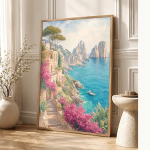 Pôster de Viagem para Capri | Pintura Suave para Parede | Arte Italiana | Impressão Costeira Mediterrânea com Faraglioni | Impresso e Enviado imagem 1