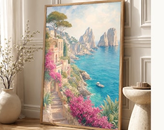 Capri Travel Poster | Soft Painting Italy Wall Art | Faraglioni Mediterranean Coastal Print | Printed & Shipped