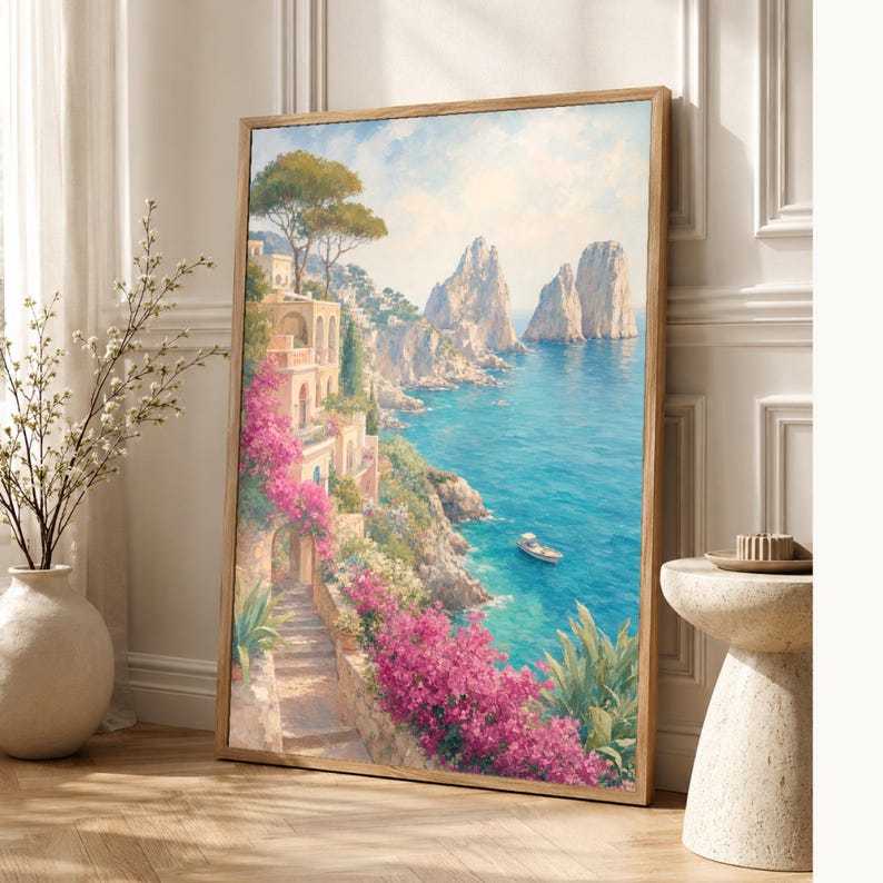 Pôster de Viagem para Capri | Pintura Suave para Parede | Arte Italiana | Impressão Costeira Mediterrânea com Faraglioni | Impresso e Enviado imagem 1